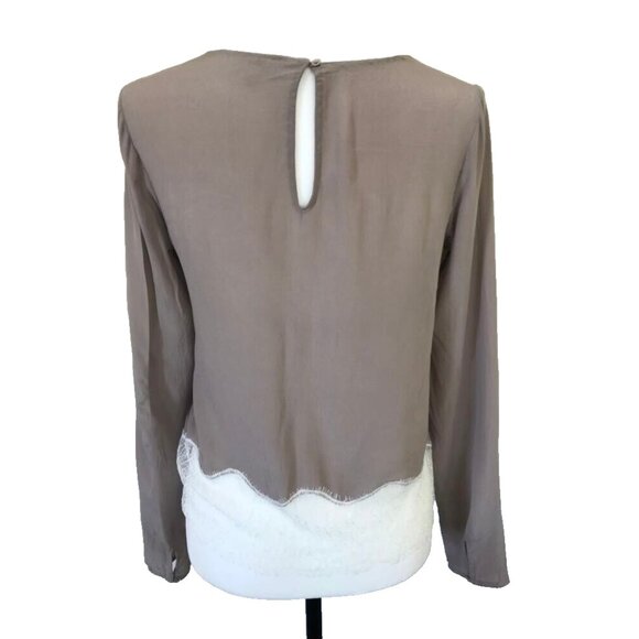 WILFRED Desaix Long Sleeve 100% Silk Top Blouse Size Small Taupe Cream Lace Trim - Picture 5 of 8